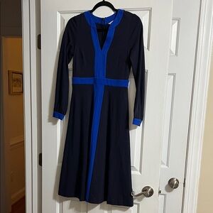 Boden Navy and Royal Blue Long Sleeve V Neck Midi Dress Size 4 Petite